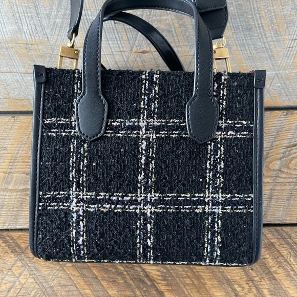 Guess Tweed Silvana Small tote Handbag Adjustable Strap Crossbody Black - Picture 6 of 13